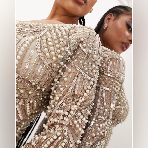 ASOS Dresses & Skirts - ASOS EDITION v neck pearl embellished mini dress in pale gold